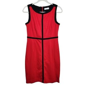 Calvin Klein Red Black Colorblock Sleeveless Sheath Dress Midi Women's Size 6